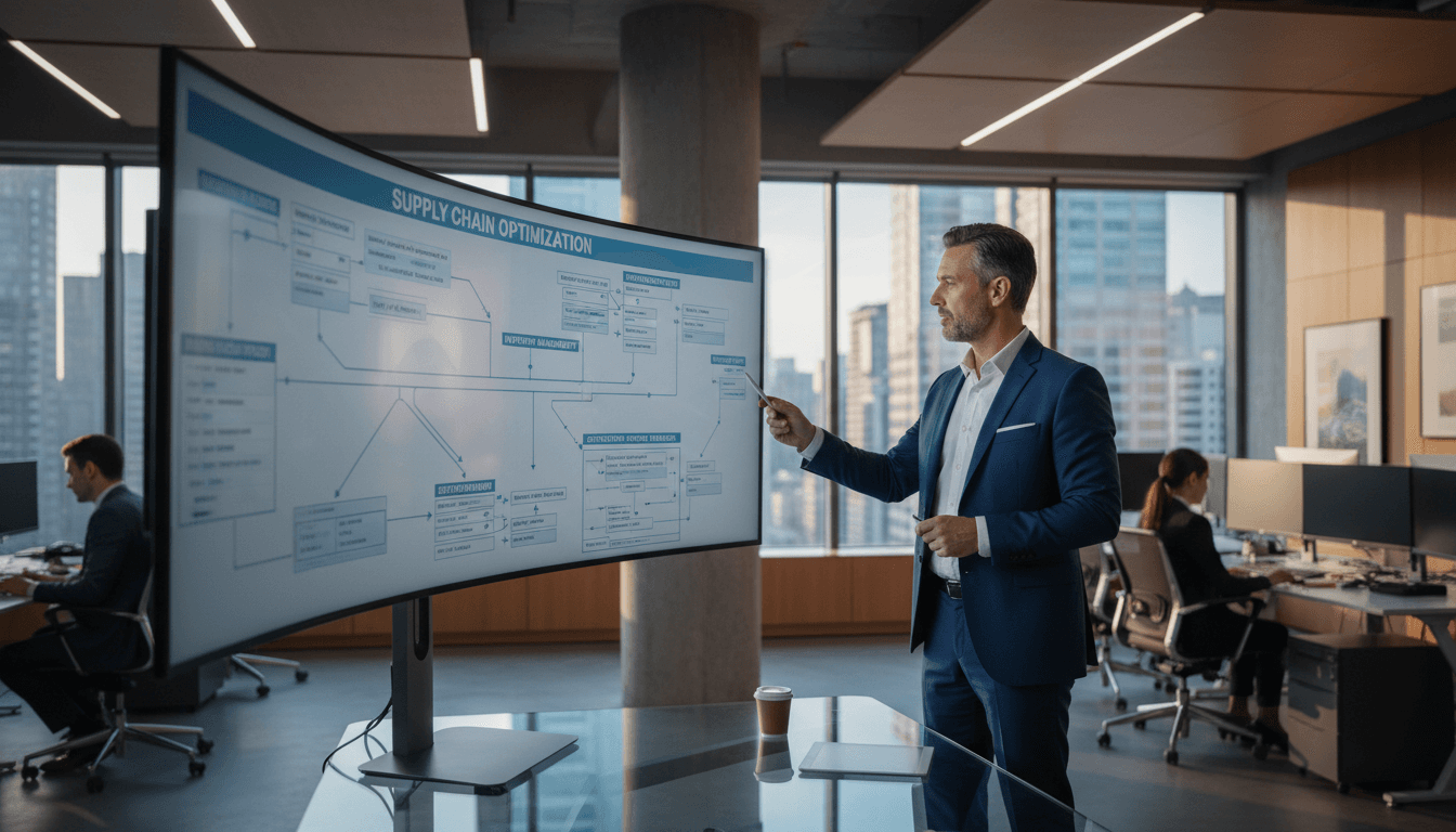 Professional consultant analyzing supply chain charts on a monitor