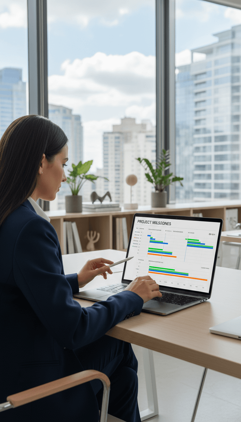 Professional reviewing a project timeline on a laptop in a modern office