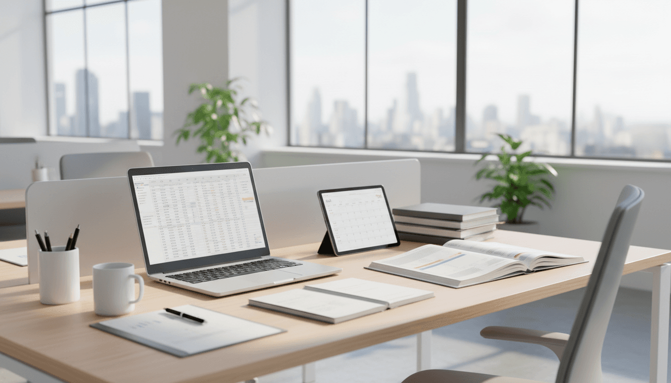 Professional corporate desk with laptop and documents in a modern bright office