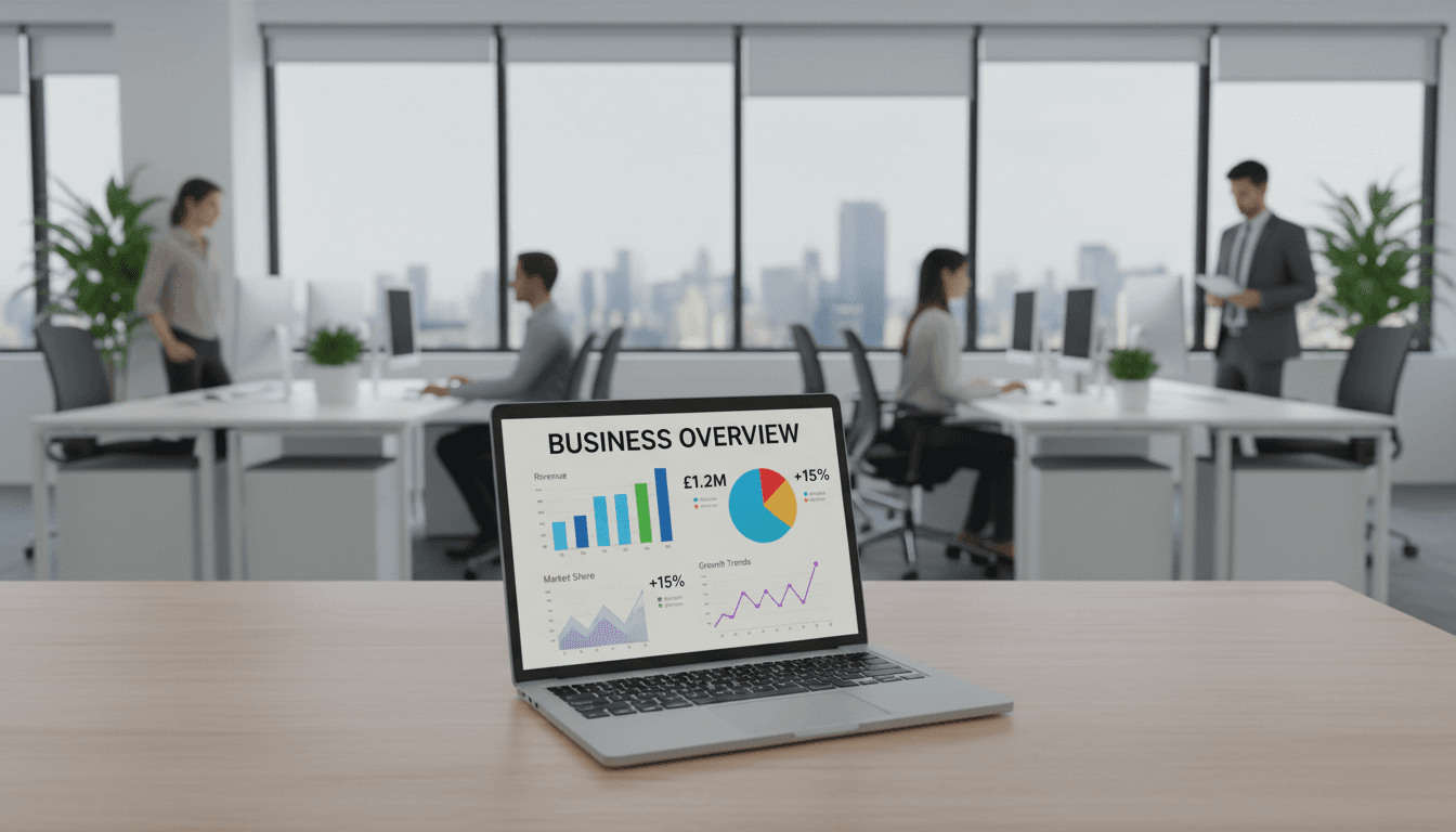 Laptop showing a marketing analytics dashboard on a clean desk in a bright office