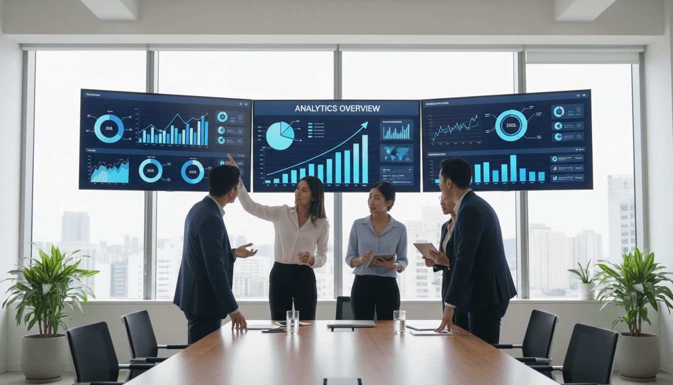 Business team reviewing analytics data in a modern office