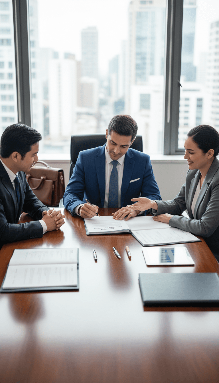 Hands signing a professional services agreement at a conference table