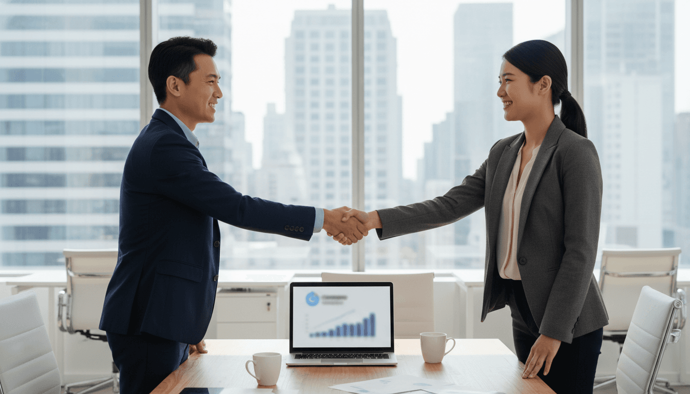 Two professionals shaking hands across a desk in a bright modern office