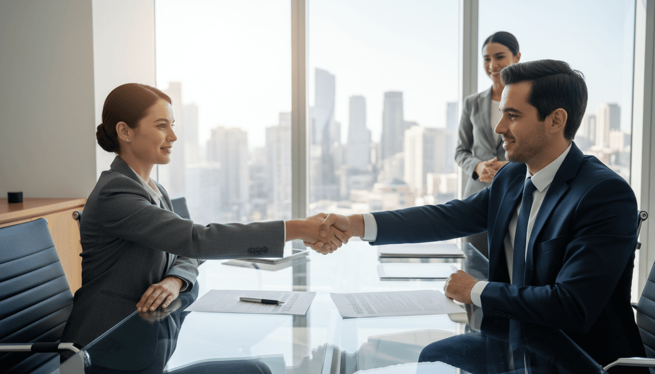 Two professionals shaking hands over a signed contract in a bright modern office