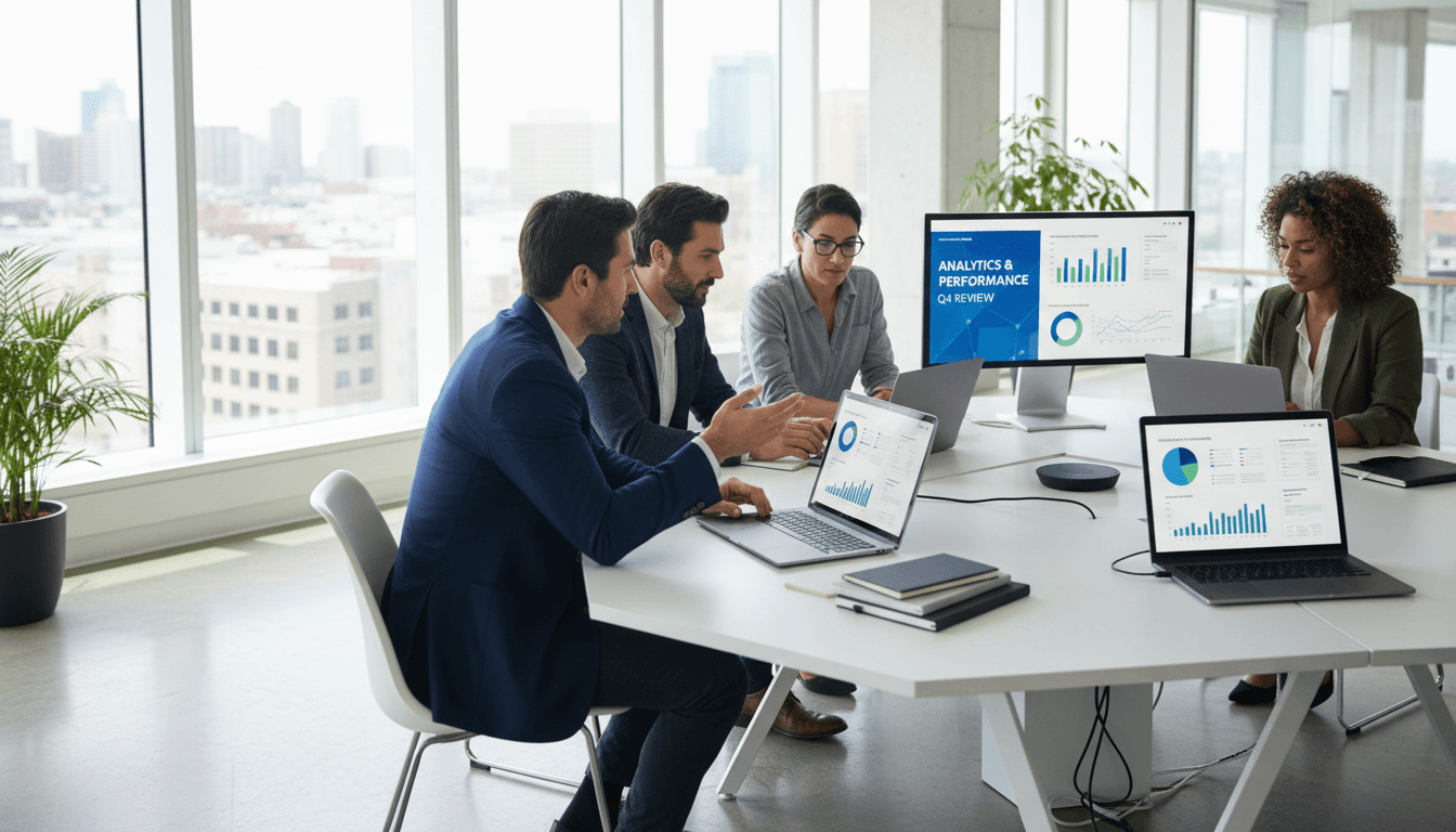 Business professionals in a modern office reviewing e-commerce analytics on laptops