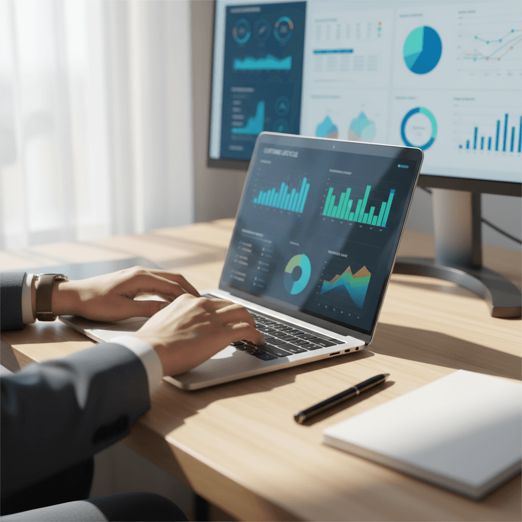 Professional reviewing supply chain documents and analytics on a laptop in a modern office