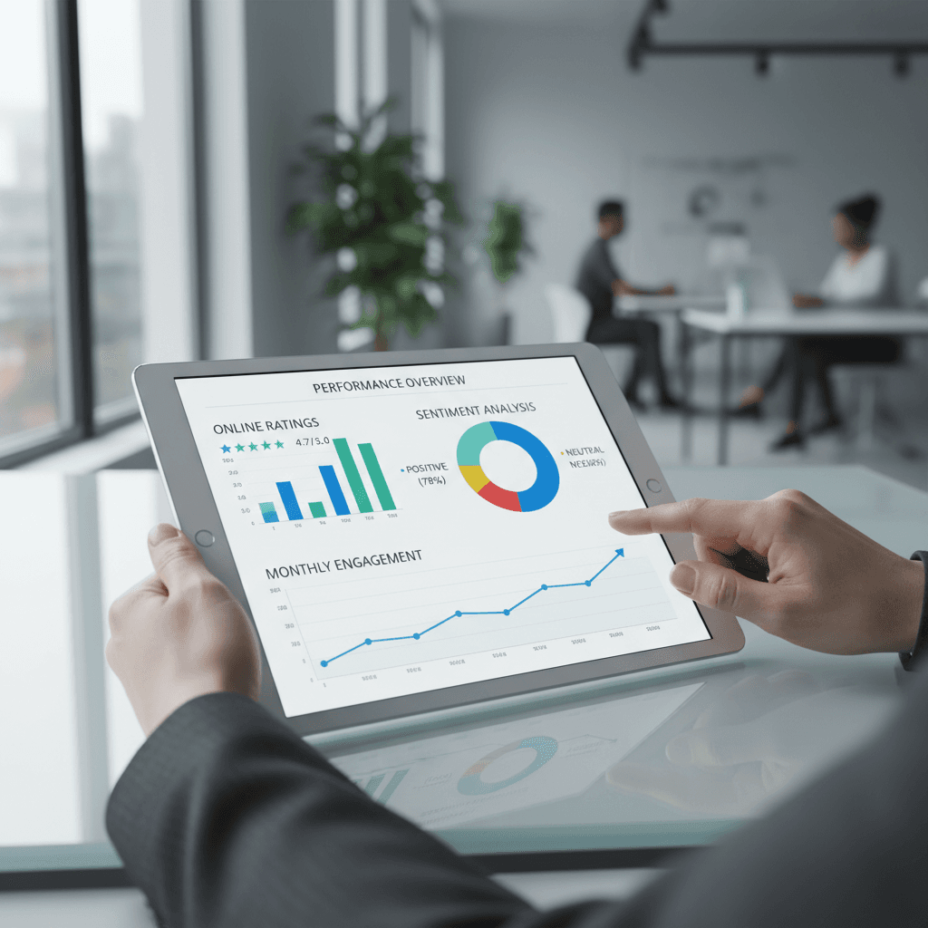 Professional consultant reviewing analytics dashboard on laptop in modern office